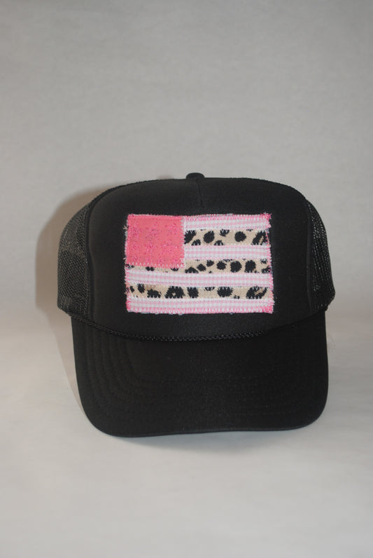 BLACK AMERICAN FLAG TRUCKER WITH CHEETAH & GINGHAM