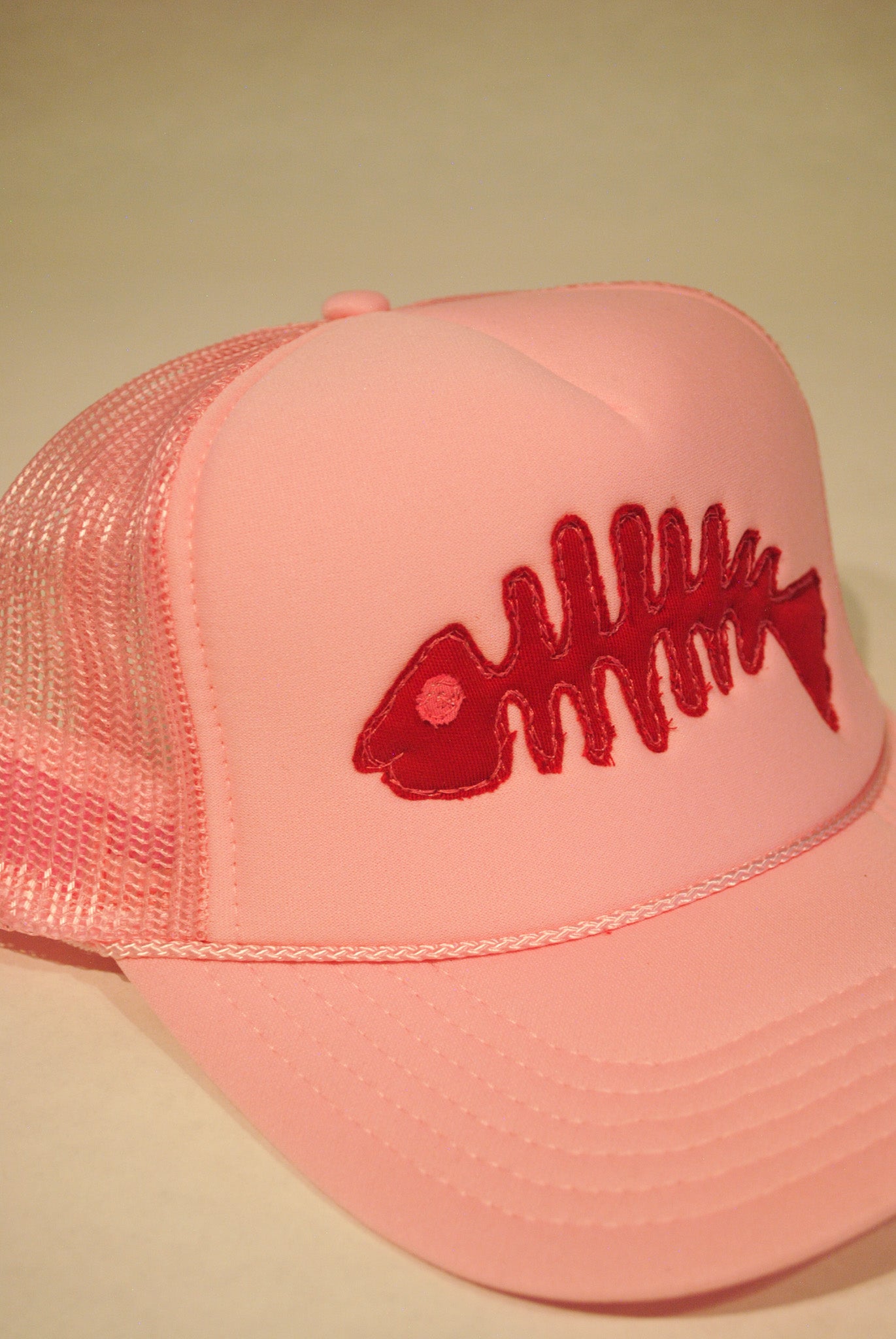 LIGHT PINK FISH SKELLY TRUCKER RED DENIM