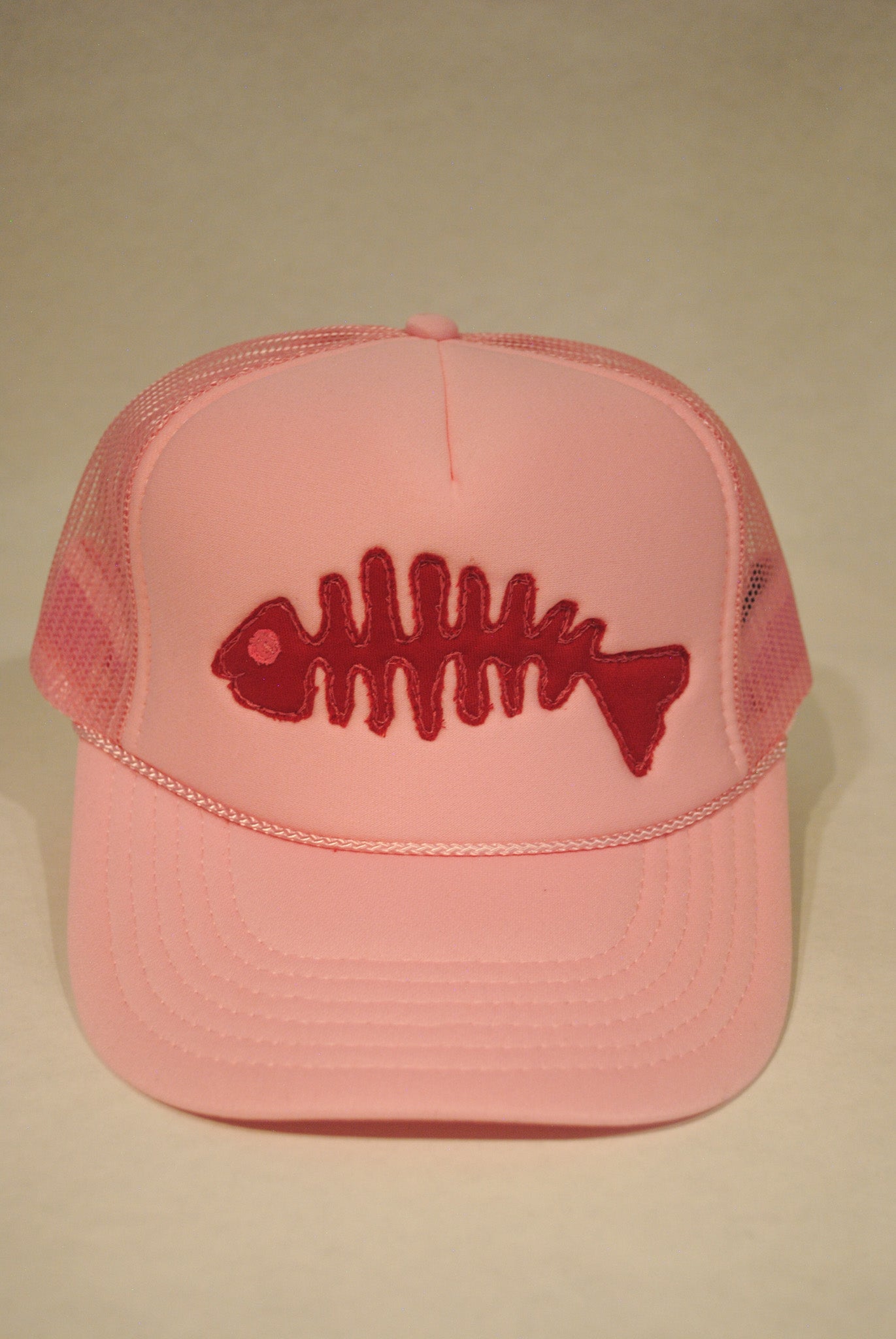 LIGHT PINK FISH SKELLY TRUCKER RED DENIM