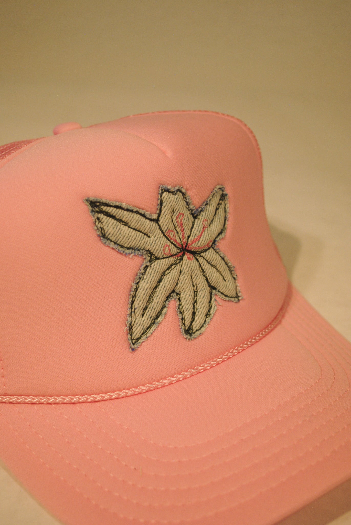 LIGHT PINK LILY FLOWER TRUCKER DENIM