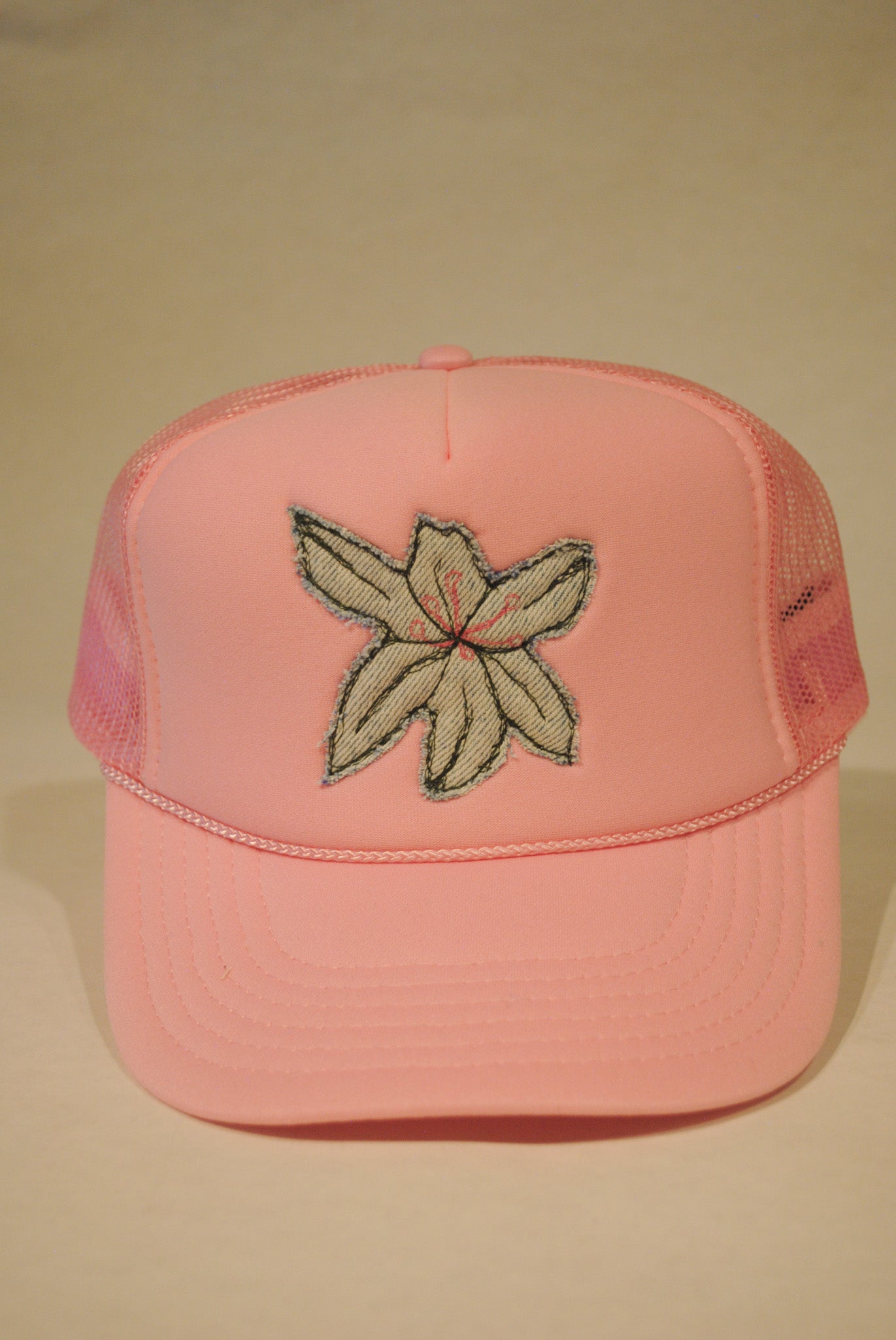 LIGHT PINK LILY FLOWER TRUCKER DENIM