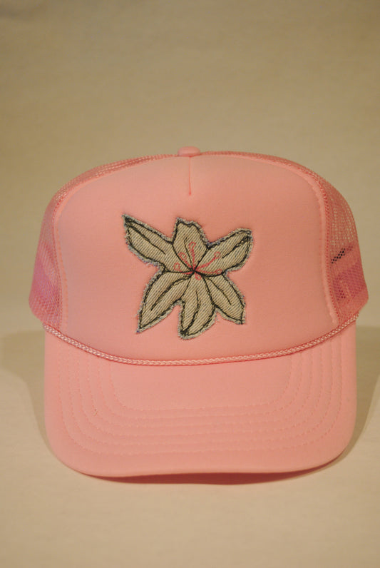 LIGHT PINK LILY FLOWER TRUCKER DENIM